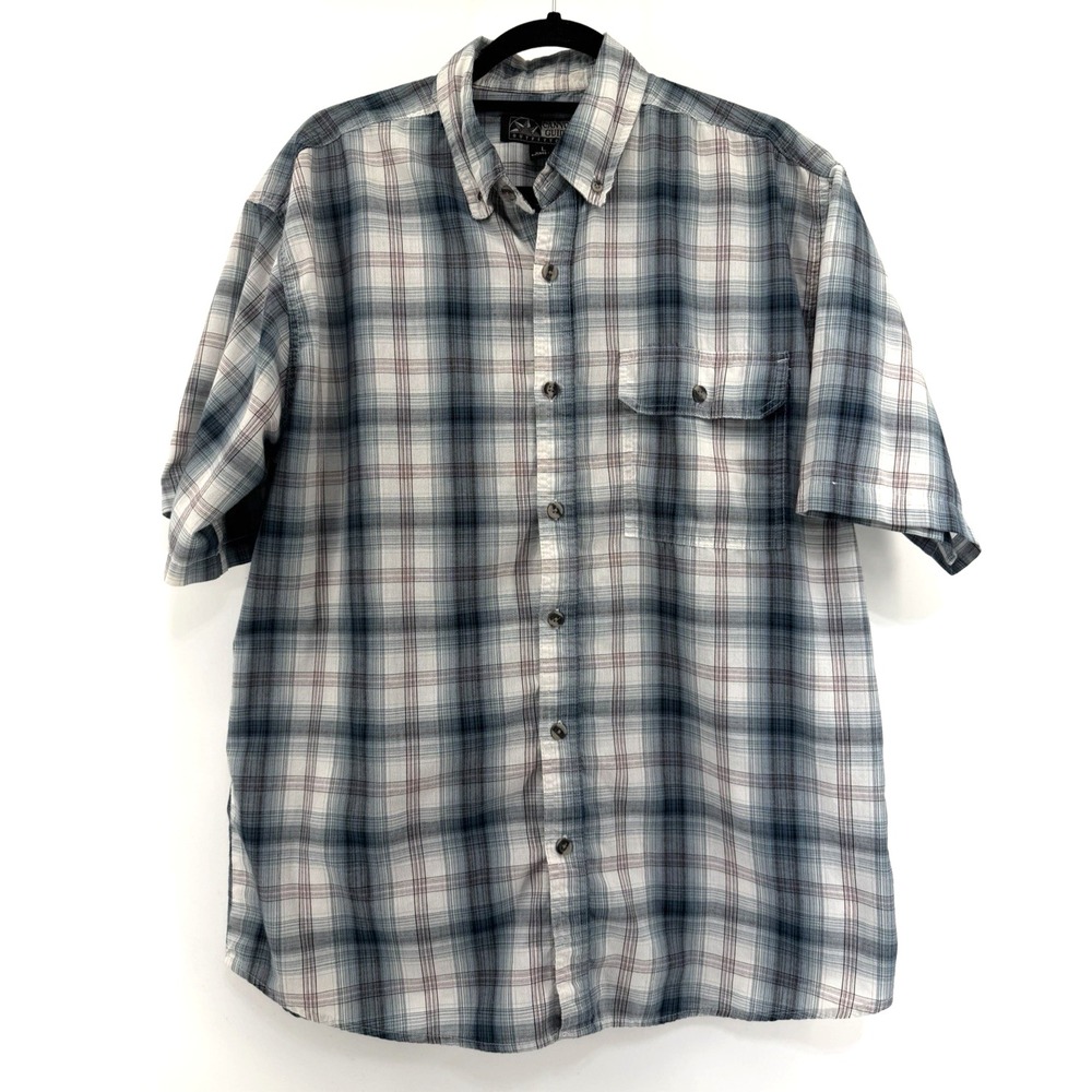 Canyon Guide Button Up Mens L Blue Plaid Gorpcore Hike Fish Short Sleeve Shirt